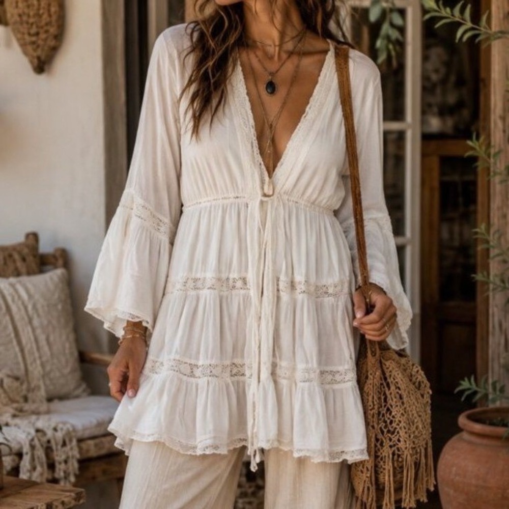 Crochet Lace Tiered Lace Tunic Bell Sleeve Boho 70s Hippie Festival Prairie XS